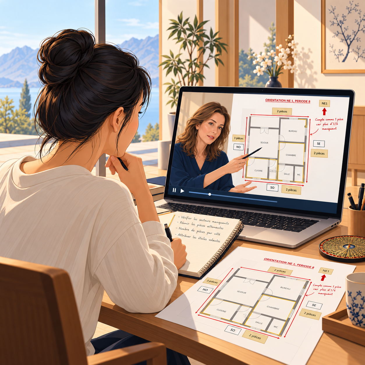 Étudiante de l'Institut Suisse de Feng Shui suivant la correction personnalisée de sa formatrice