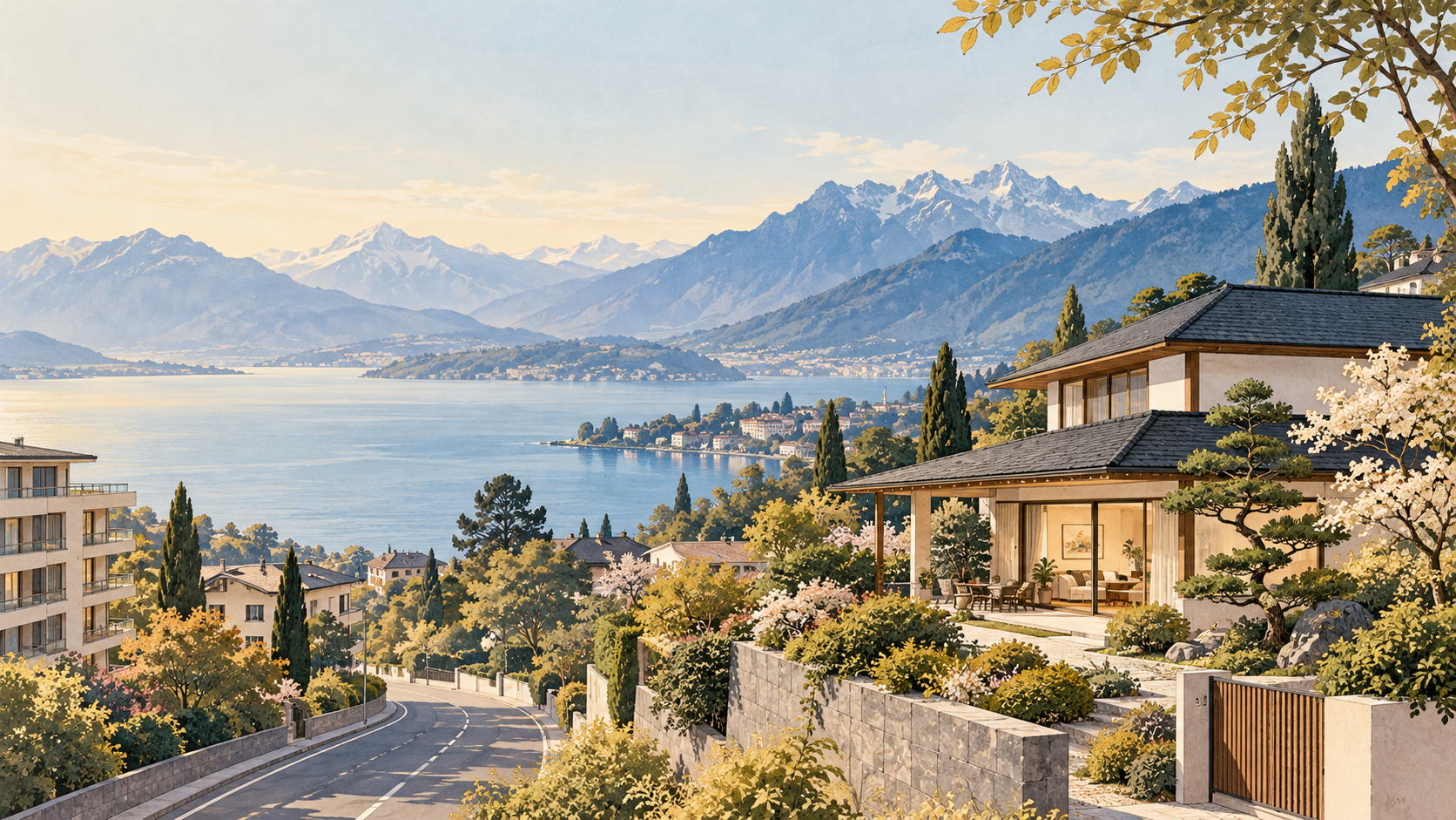 Illustration d'une maison et d'immeubles dans un paysage avec lac, montagnes, route et relief